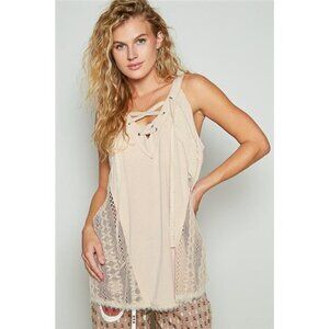 POL Lace Up Crochet Lace Tank